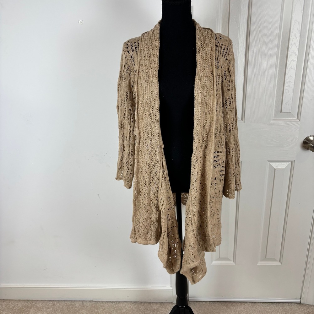 Woman Within Tan Pointelle Lace Open Front Cardigan Sweater Plus Size 18/20 L